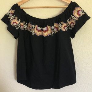 THML off the shoulder black top with floral accent